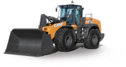 CASE Wheel Loader facing towards the left with a bucket positioned on the ground with a white background. Case Loader
