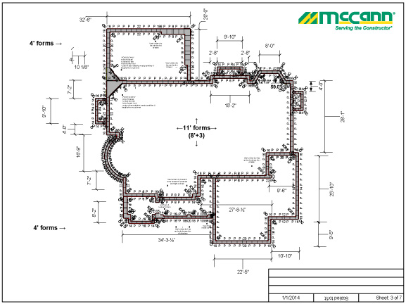 Architectural blue print drawing of layout of concrete forms for a house build