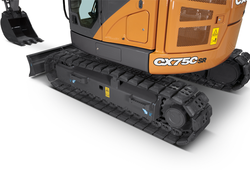 Pictured is a CASE SK75C SR CASE midi excavator side close up of tracks, one of many impressive components in CASE Excavators.