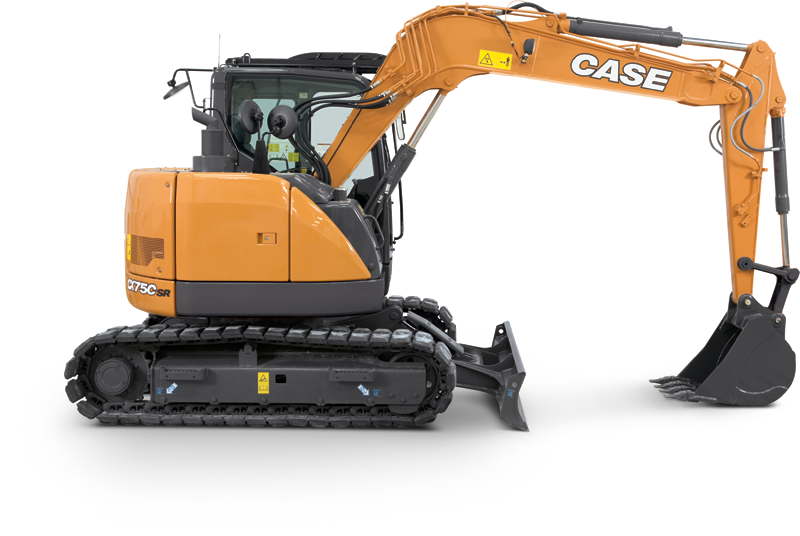 Pictured is a CASE SK75C SR CASE midi excavator side view, one of many in our inventory of CASE Excavators.