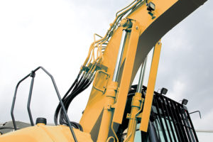 Pictured is a Kobelco SK140SRD demolition excavators boom cylinder guard, one of many great features in Kobelco Excavators.