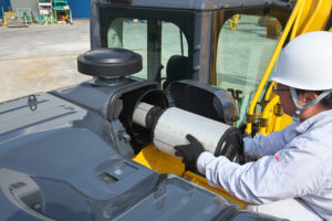 Pictured is a Kobelco SK300LC Kobelco Excavators access to double air filter, one of many great features in Kobelco Excavators.