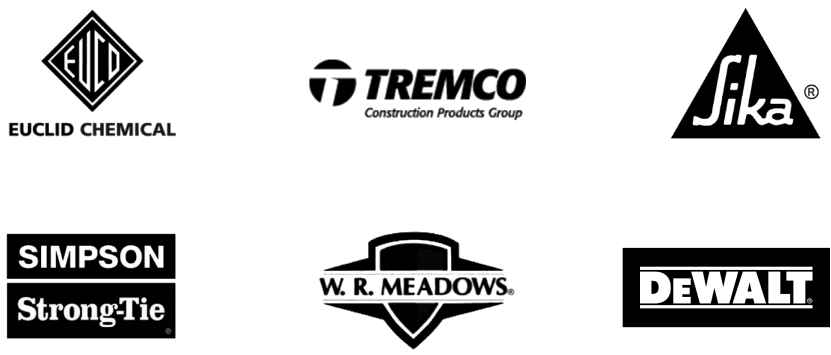adhesives, caulks, and sealants logos - Euclid Chemical, Tremco, Sika, Simpson Strong Tie, WR Meadows, DeWalt