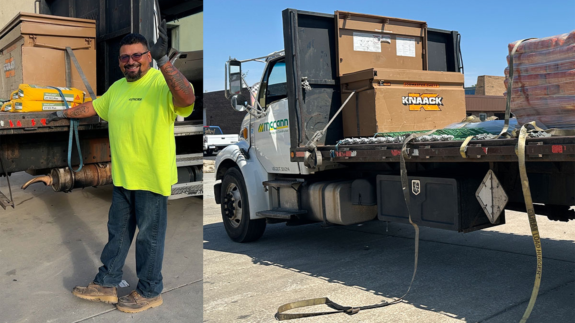 Split image with construction worker waving to the camera on the left, and a work vehicle on the right