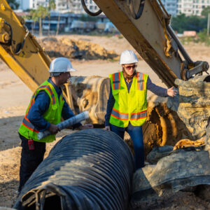 two construction workers repairing pipe at jobsite