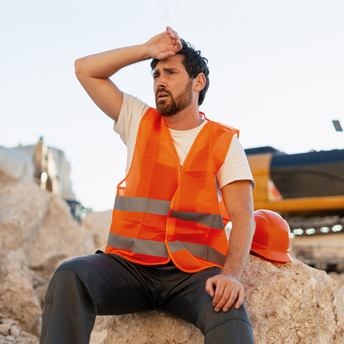 A man wearing a hi-vis vest and gray trousers sits on a pile of rocks in the daytime. In the background is a construction site with an earth mover.